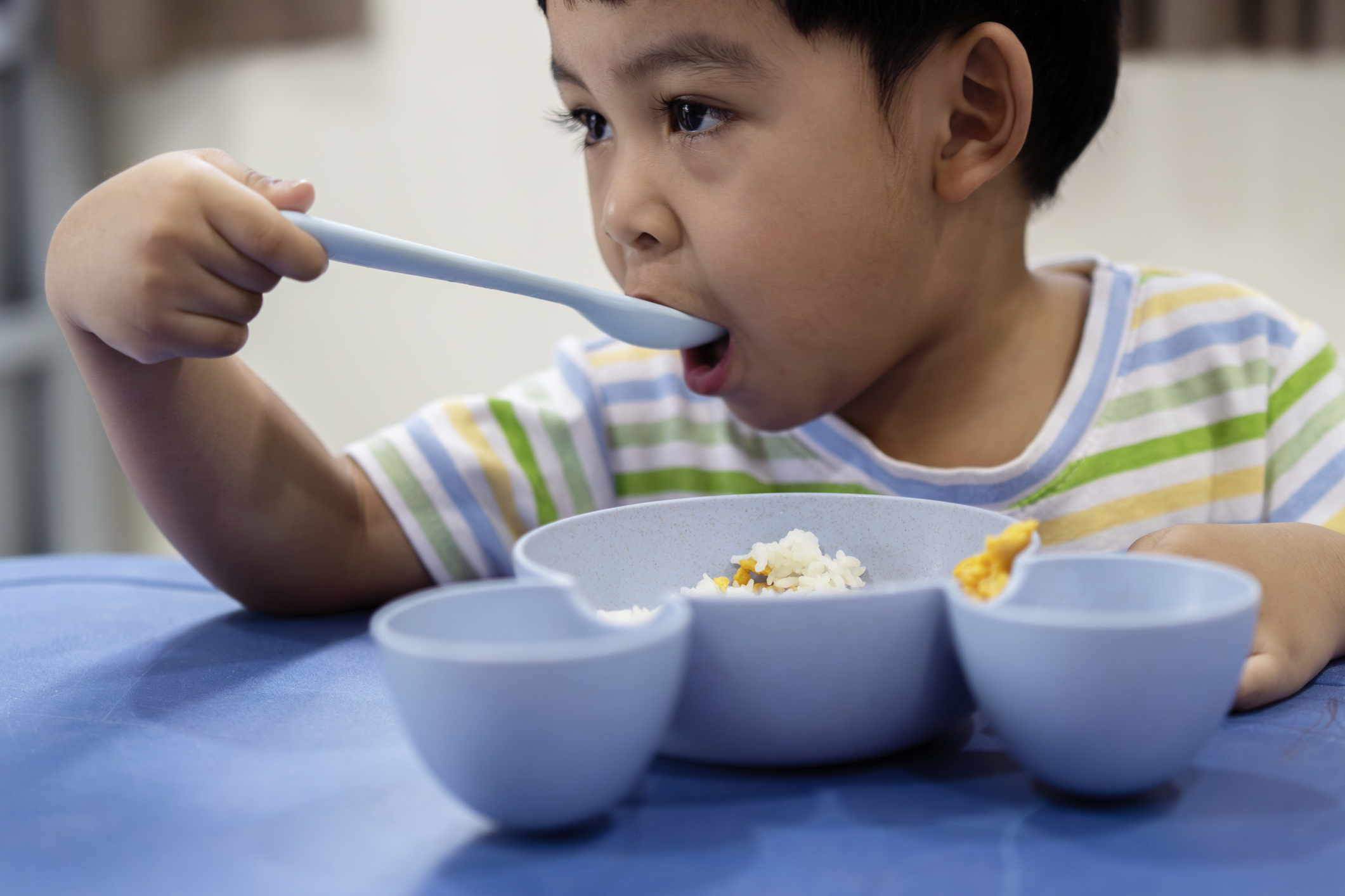 Portrait of adorable little Asian boy eats omelet by using spoon at the table.